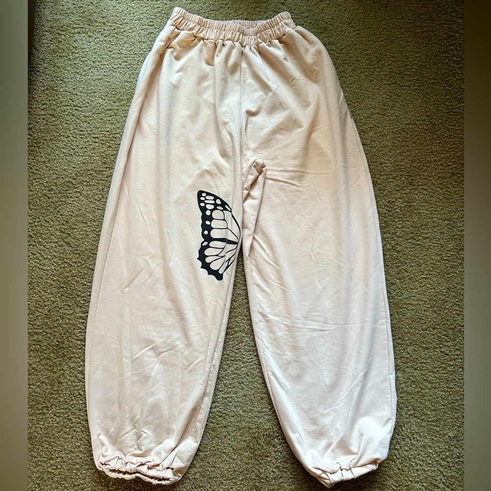 Women Beige Joggers with Butterfly Design